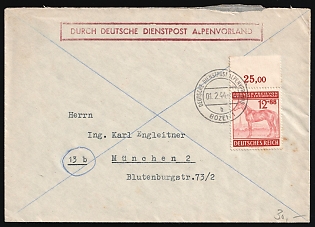 1944 (1 Feb) Third Reich, Germany, Cover from Bolzano (Italy) Via German Official Mail Alpine Foreland to Munich franked with 12pf (Plate Number, Margin)
