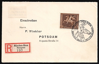 1938 (31 Jul) 'The Brown Ribbon of Germany in Munich - Riem', Third Reich, Germany, Registered Cover from Munich to Potsdam franked with 42pf (Commemorative Postmark)