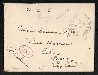 1918 FOREIGN FORCES IN RUSSIA. An envelope of a Military letter sent from the British Army Post Office P.B.1 in Archangelsk, 17.04.1919 to England. Oval mark of Military Censor X52. Scarce