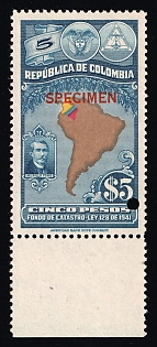 1941 5p Republic of Colombia, Revenue, Specimen, Margin