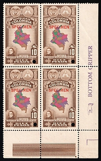 1941 10p Republic of Colombia, Revenue, Block of Four, Specimen, Corner Margins, Brown Control Strips, Sheet Inscription