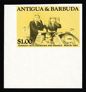 1984 1$ '20th Century Leaders - Kennedy in Berlin', Antigua & Barbuda, Imperforate, Corner Margin