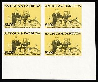 1984 1$ '20th Century Leaders - Kennedy in Berlin', Antigua & Barbuda, Block of Four, Imperforate, Corner Margin