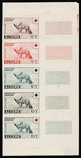 1957 15+3fr Algeria, French Colonies, Red Cross,  Imperforate, Proof, Trial Colors, Strip, Sheet Inscription, Margin