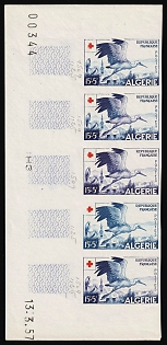 1957 15+5fr Algeria, French Colonies, Red Cross,  Imperforate, Proof, Trial Colors, Strip, Plate Numbers, Sheet Inscription, Margin