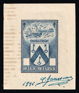 1946 Belgium, Trial Color, Proof, Imperforate, Signature