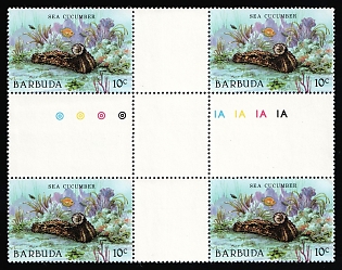 1980 10c Barbuda, Se-tenant, Gutter Block