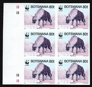 1995 80t Republic of Botswana, Imperforate, Proof, Block of Six, Margin, Plate Numbers
