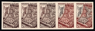 1954 25fr France, Strip, Proof, Trial Color, Imperforate