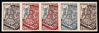 1954 25fr France, Strip, Proof, Trial Color, Imperforate