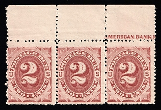 1884 2c United States, USA, Red Brown, Strip, Postage Due Stamps, Margins