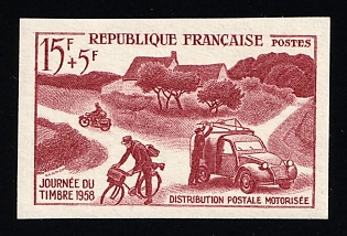 1958 15fr+5fr France, Red Brown Proof, Trial Color, Imperforate