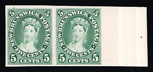 1860-63 5c on piece New Brunswick, Canada, British Colonies, Proof, Pair, Imperforate