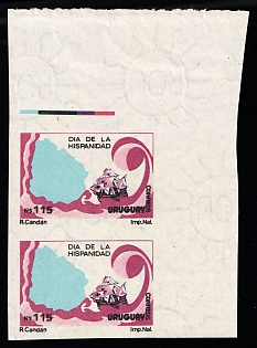 1989 115np Oriental Republic of Uruguay, Proof, Imperforate, Pair, Corner Margins, Watermark, Trial Color