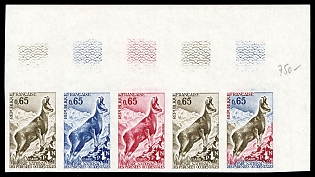 1971 0.65fr France, Strip, Proof, Trial Color, Imperforate, Margin