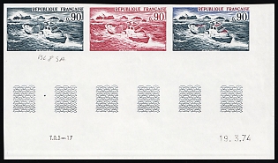 1974 0.90fr France, Strip, Proof, Trial Color, Imperforate, Sheet Inscriptions, Corner Margins