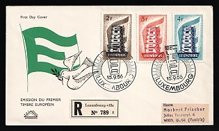 1956 (15 Sep) 'Europa CEPT - Issue of the First European Stamp', Luxembourg, Registered First Day Cover from Luxemburg to Vienna (Austria) franked with Complete Set of 2fr - 4fr, Commemorative Postmarks