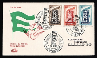 1956 (15 Sep) 'Europa CEPT - Issue of the First European Stamp', Luxembourg, First Day Cover from Luxemburg to Huizen (Netherlands) franked with Complete Set of 2fr - 4fr, Commemorative Postmarks