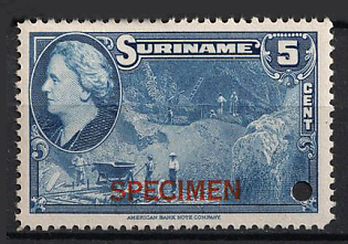 1945 5c Suriname, Netherlands Colonies, Spesimen