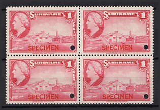 1945 1c Suriname, Netherlands Colonies, Block of Four, Spesimen