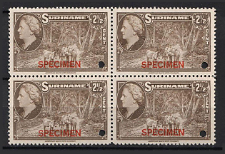 1945 2 1/2c Suriname, Netherlands Colonies, Block of Four, Spesimen