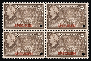 1945 2 1/2c Suriname, Netherlands Colonies, Block of Four, Specimen, Annulated