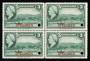 1945 3c Suriname, Netherlands Colonies, Block of Four, Specimen, Annulated