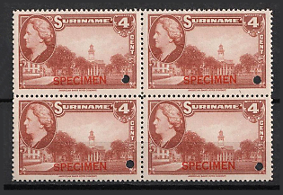 1945 4c Suriname, Netherlands Colonies, Block of Four, Spesimen