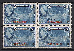 1945 5c Suriname, Netherlands Colonies, Block of Four, Spesimen