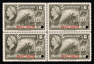 1945 6c Suriname, Netherlands Colonies, Block of Four, Specimen, Annulated