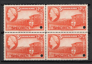 1945 7 1/2c Suriname, Netherlands Colonies, Block of Four, Spesimen