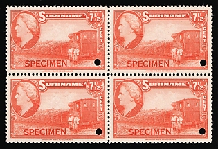 1945 7 1/2c Suriname, Netherlands Colonies, Block of Four, Specimen, Annulated