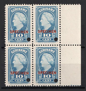 1945 10c Suriname, Netherlands Colonies, Block of Four, Margin, Spesimen