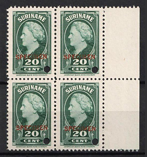 1945 20c Suriname, Netherlands Colonies, Block of Four, Margin, Spesimen