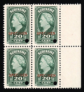 1945 20c Suriname, Netherlands Colonies, Block of Four, Margin, Specimen, Annulated