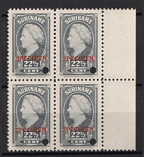 1945 22 1/2c Suriname, Netherlands Colonies, Block of Four, Margin, Spesimen