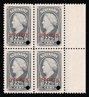 1945 22 1/2c Suriname, Netherlands Colonies, Block of Four, Margin, Specimen, Annulated