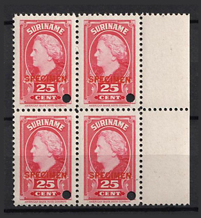 1945 25c Suriname, Netherlands Colonies, Block of Four, Margin, Spesimen