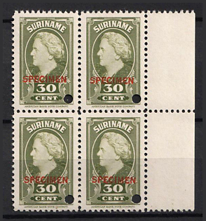 1945 30c Suriname, Netherlands Colonies, Block of Four, Margin, Spesimen