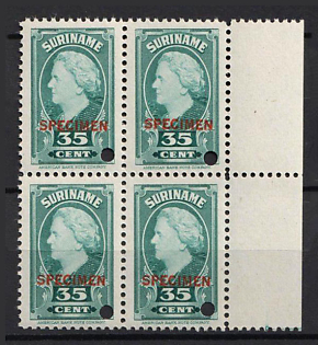 1945 35c Suriname, Netherlands Colonies, Block of Four, Margin, Spesimen