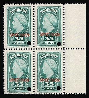 1945 35c Suriname, Netherlands Colonies, Block of Four, Margin, Specimen, Annulated