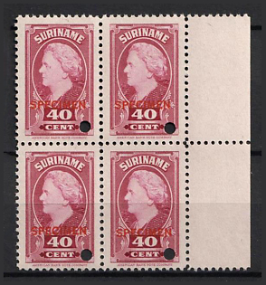 1945 40c Suriname, Netherlands Colonies, Block of Four, Margin, Spesimen