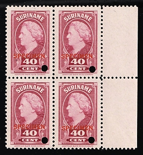 1945 40c Suriname, Netherlands Colonies, Block of Four, Margin, Specimen, Annulated