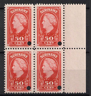 1945 50c Suriname, Netherlands Colonies, Block of Four, Margin, Spesimen