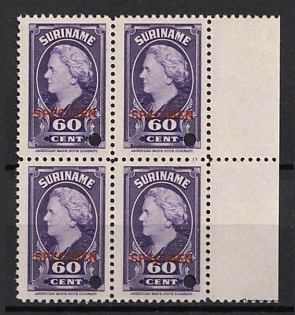 1945 60c Suriname, Netherlands Colonies, Block of Four, Margin, Spesimen