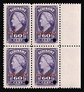 1945 60c Suriname, Netherlands Colonies, Block of Four, Margin, Specimen, Annulated