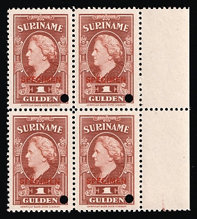 1945 1g Suriname, Netherlands Colonies, Block of Four, Margin, Specimen, Annulated