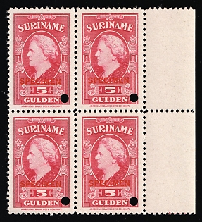 1945 5g Suriname, Netherlands Colonies, Block of Four, Margin, Specimen, Annulated
