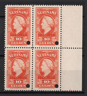 1945 10g Suriname, Netherlands Colonies, Block of Four, Margin, Spesimen