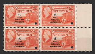 1945 5c on 7 1/2c Suriname, Netherlands Colonies, Block of Four, Margin, Spesimen